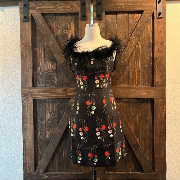 New Rixofloral-print feather-trim dress Sz-2 USA - Picture 6 of 15
